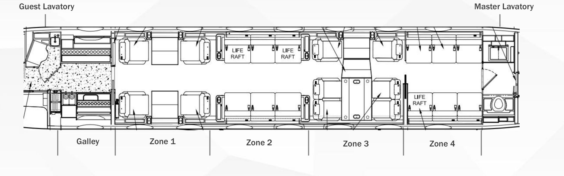 Gulfstream G650 four-zone cabin floorplan diagram