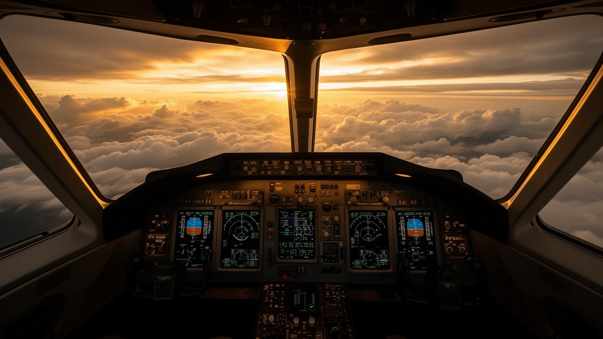 Pilot's view from the cockpit at sunrise above the clouds