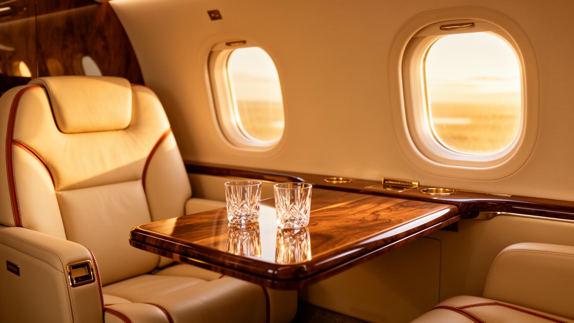 Private jet cabin interior at golden hour