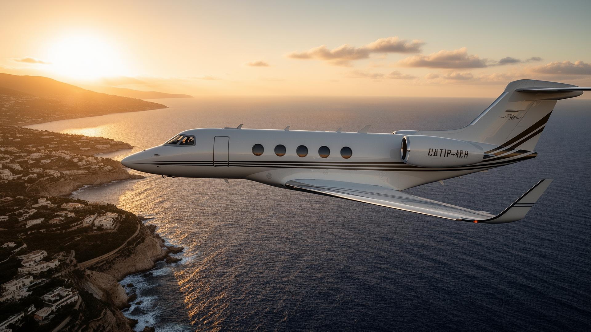 Private jet flying over the Mediterranean coastline at golden hour