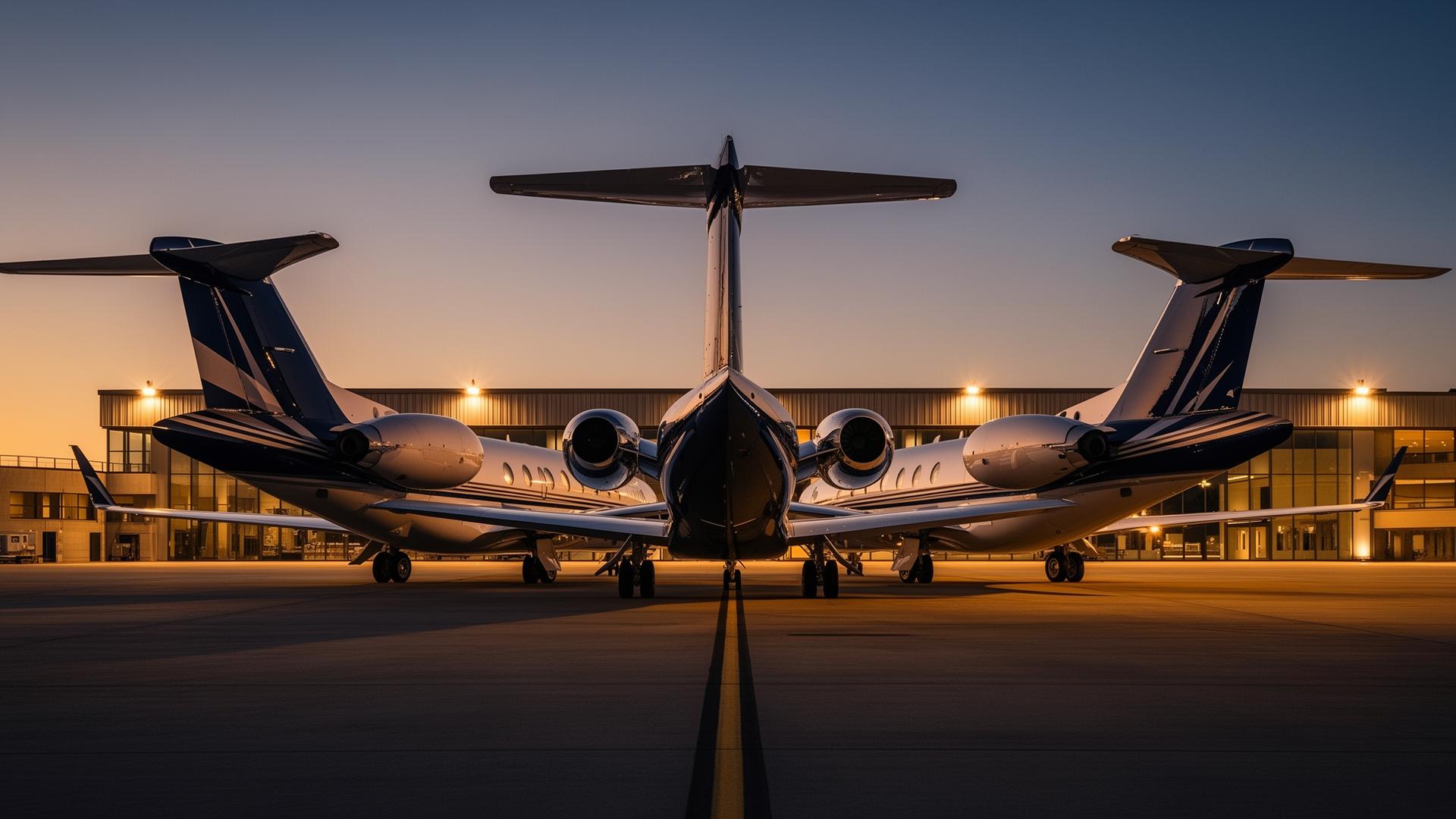 Large-cabin business jet on tarmac at dusk