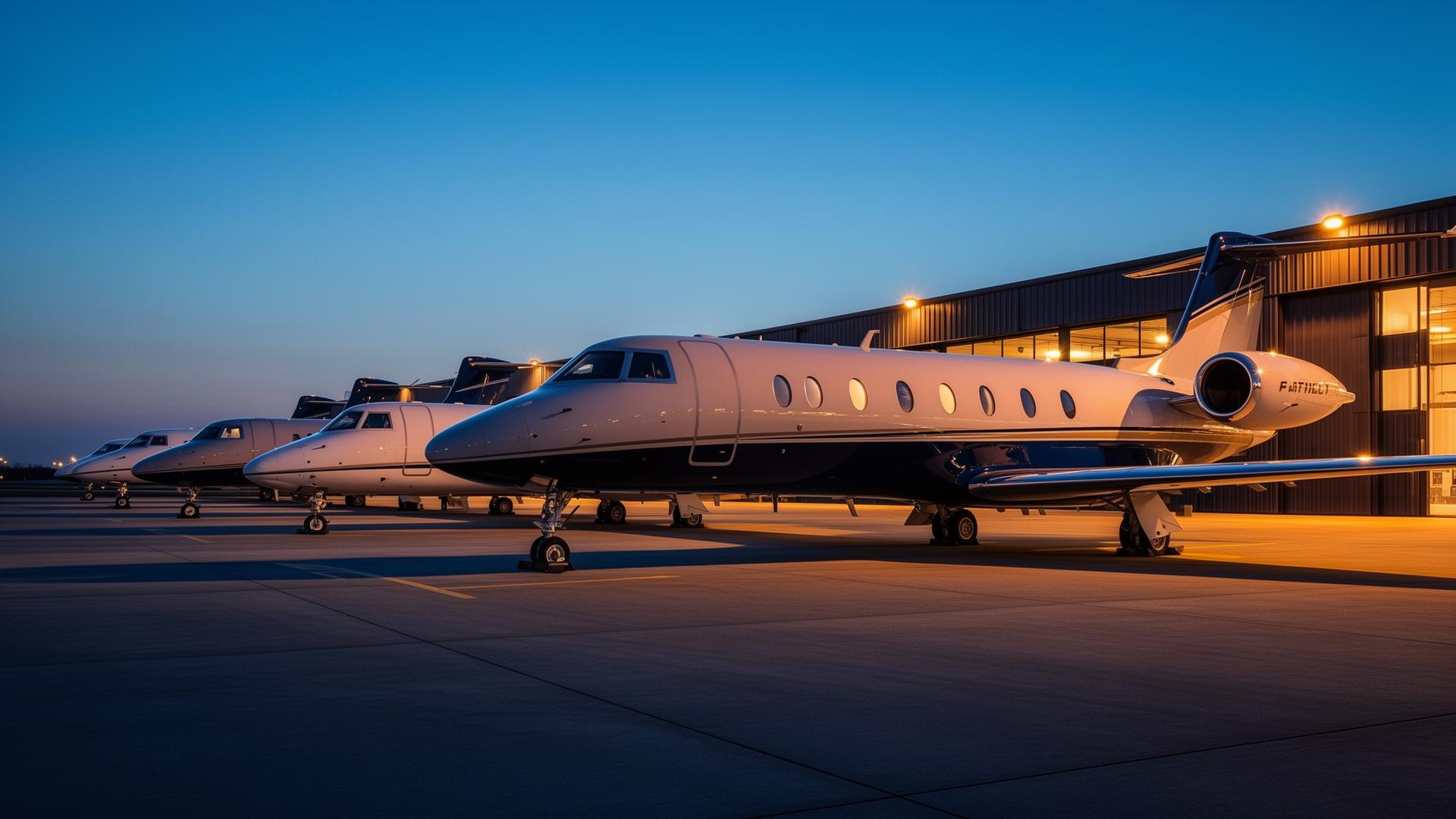 Row of business jets on the FBO ramp at dusk