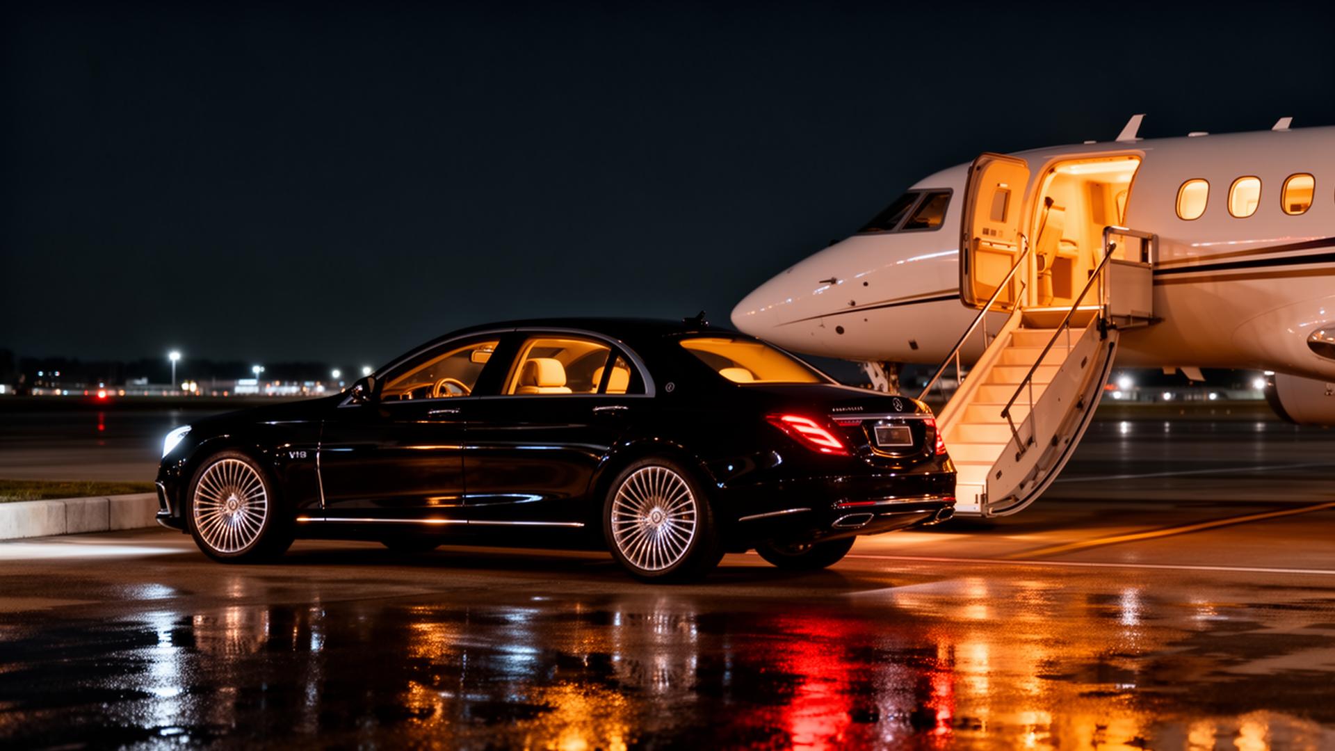 Black sedan curbside next to a private jet at night