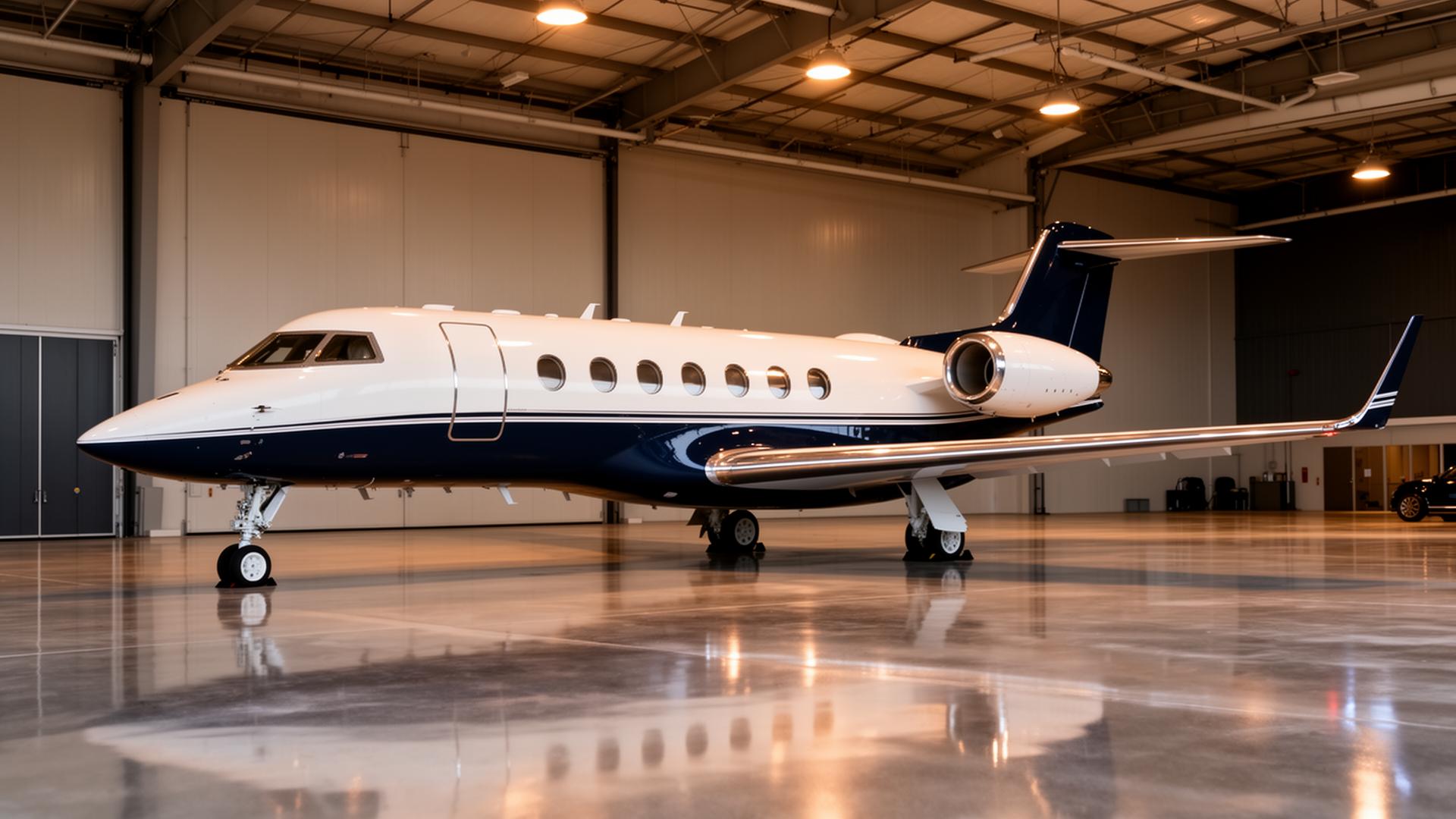 Large-cabin business jet on the apron at dusk