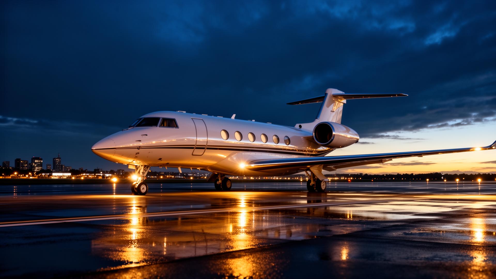 Private jet on the tarmac at dusk