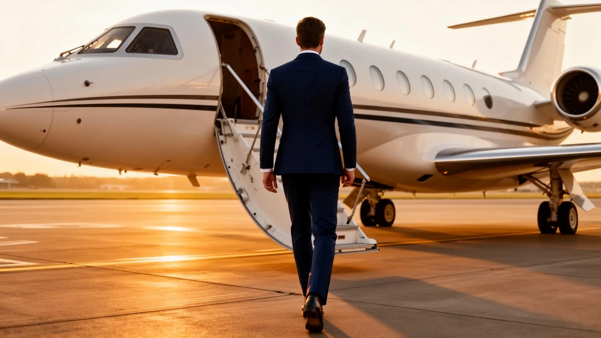 Executive in tailored navy suit walking toward a private jet at golden hour