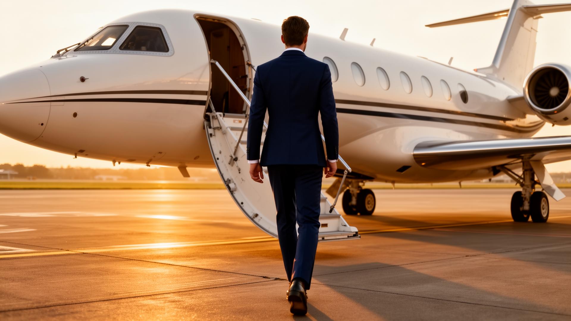 Executive in tailored navy suit walking toward a private jet at golden hour